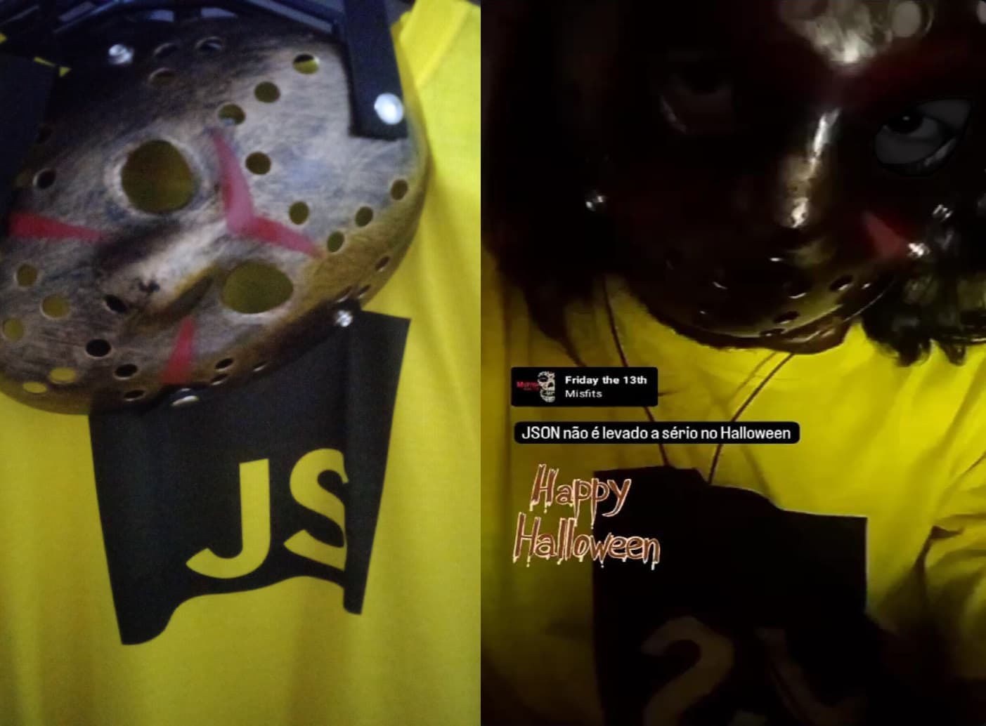 Máscara do Jason e a Camiseta do Javascript e ao lado eu Fantasiado de JSON, parodiando o filme Jason